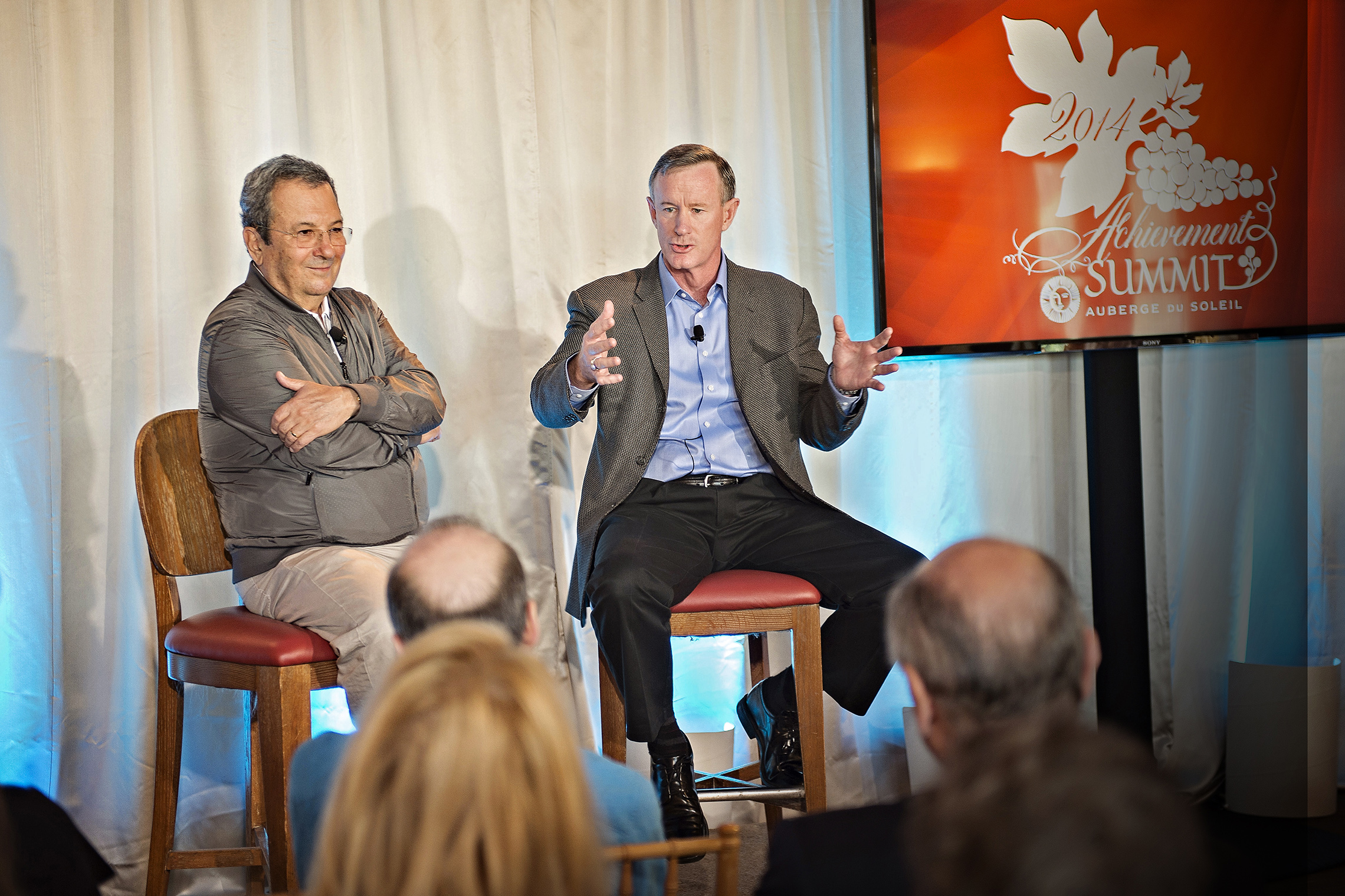 Academy member and former Israeli Prime Minister Ehud Barak discusses the civil war in Syria and the threat of ISIS with Admiral William McRaven at the 2014 International Achievement Summit in Napa Valley, California.