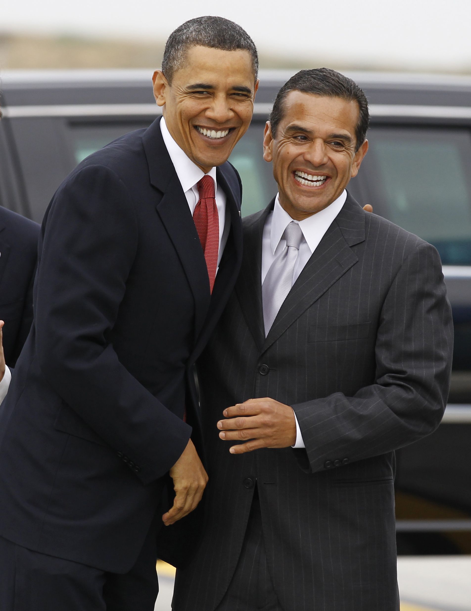 President Barack Obama laughs with Los Mayor Antonio Villaraigosa on a 2012 visit to Los Angeles. Mayor Villaraigosa later chaired the Democratic National Convention that renominated President Obama in 2012. (AP Images/Alex Brandon)