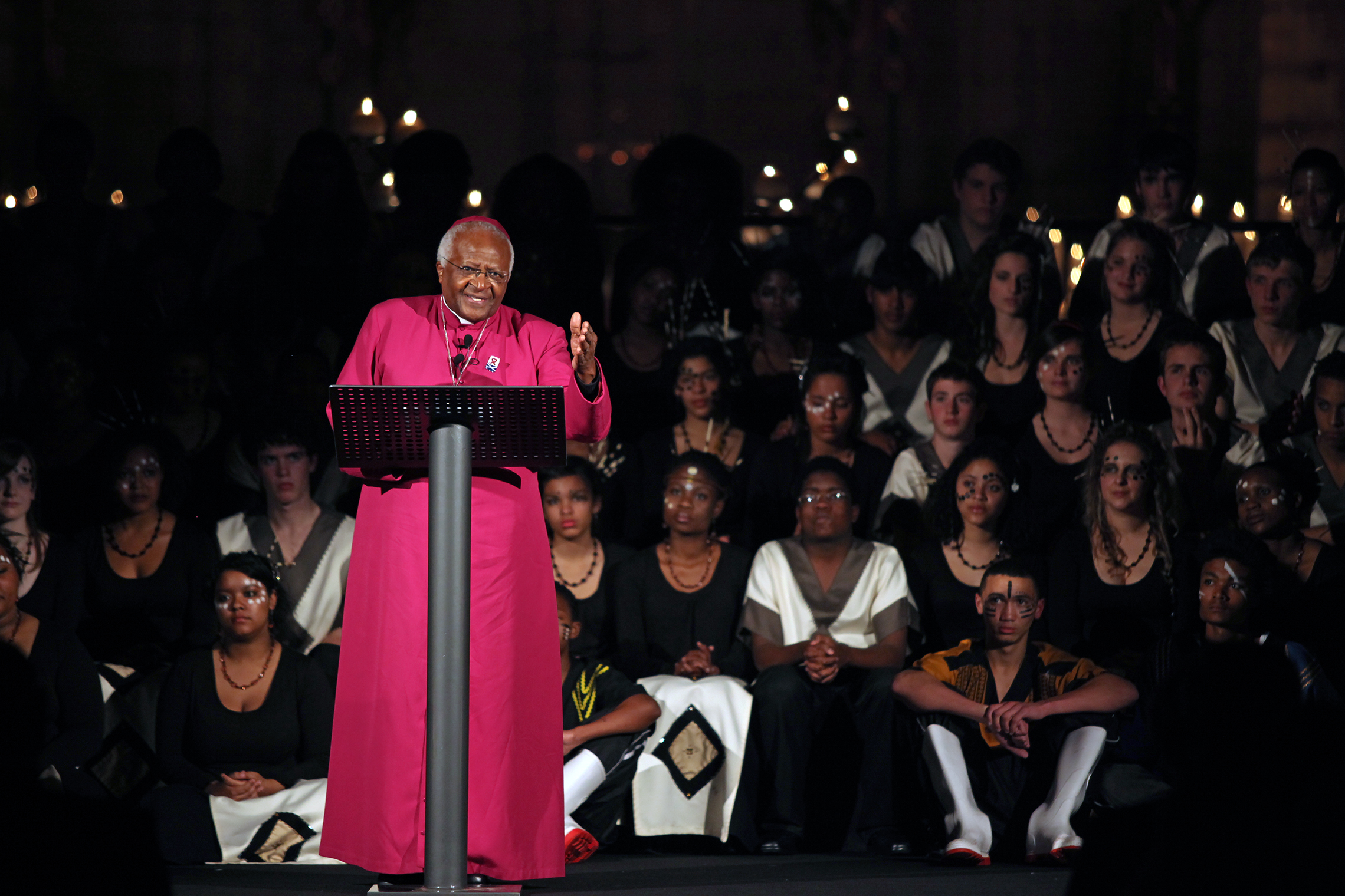 Archbishop Desmond Tutu addresses the Academy of Achievement at St. George's Cathedral in Cape Town, during the 2009 International Achievement Summit. (© Academy of Achievement)